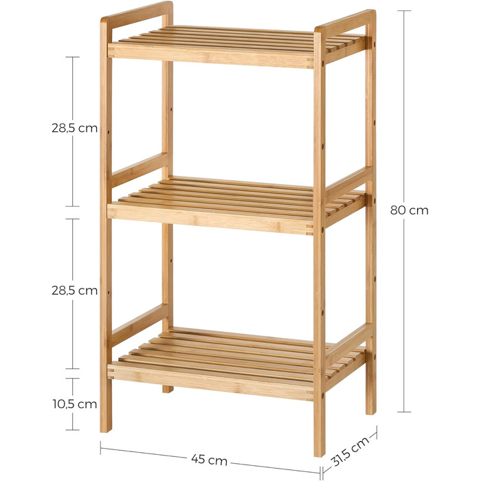 Бамбукова полиця SONGMICS, кухонна полиця, полиця для ванної кімнати, книжкова полиця, окремостояча полиця з 3 полицями, 31,5 x 45 x 80 см, для ванної кімнати, кухні, вітальні, спальні, балкону, натуральний колір BCB073N01 натуральний колір 3 рівні (80В с