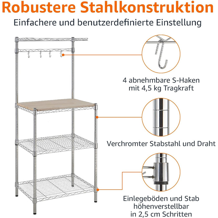 Кухонна полиця Storeo Basics 3, пекарська полиця з дерев&39яним столом, хромована, дерев&39яна, 61 см хромована, бежева