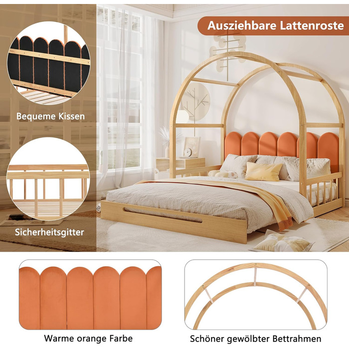 Дитяче ліжко, висувне дерев'яне ліжко з рейковим каркасом, розсувне ліжко денний ліжечко, ліжко зі склепінчастим дахом, оксамитові