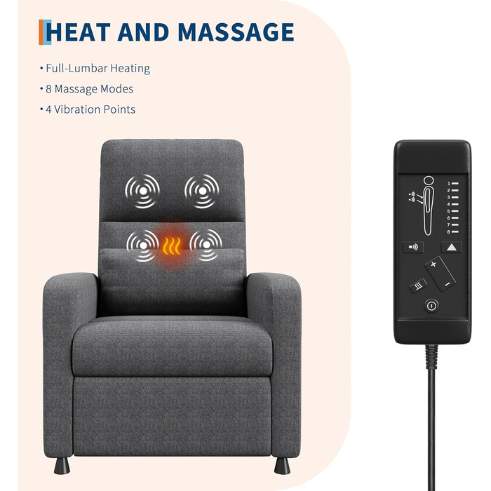 Крісло-реклайнер Acekool, масажне крісло, крісло для телевізора з електричним регулюванням та функцією відкидання, функція масажу та підігріву, крісло для читання, крісло для телевізора, крісло для вітальні, сіре електричне крісло-реклайнер