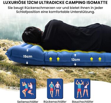 Надувний килимок для сну HIKENTURE 12 см, надлегкий, для кемпінгу для 2 осіб, з ножним насосом для активного відпочинку на природі, для походів, для намету темно-синього кольору