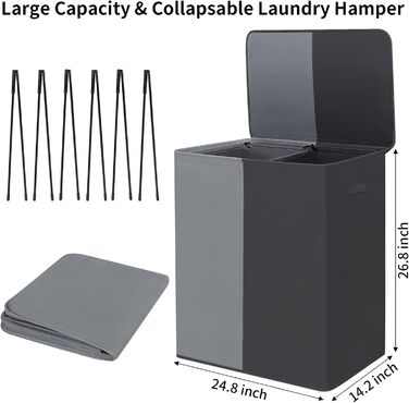 Подвійний кошик для білизни WOWLIVE 154 л з кришкою, великий кошик для прання та знімні мішки для білизни, великий складаний кошик для прання з 2 перегородками та ручками для спальні/шафи для пральні (сірийчорний) 154 л сірийчорний