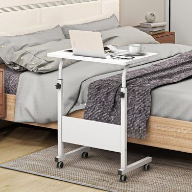 Регульований мобільний приліжковий столик SOGES Furniture 80 см, портативна підставка для ноутбука з тримачем для планшета, бічною полицею, стіл для ноутбука, регульована висота, компютерний стіл для роботи стоячи, білий