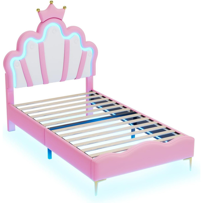 М&39яке ліжко 90x200, дитяче ліжко з рейковою основою та світлодіодним освітленням, плоске ліжко з узголів&39ям у формі хмари, ліжко принцеси у формі корони, м&39яка оббивка зі штучної шкіри 90x200 см рожевого кольору