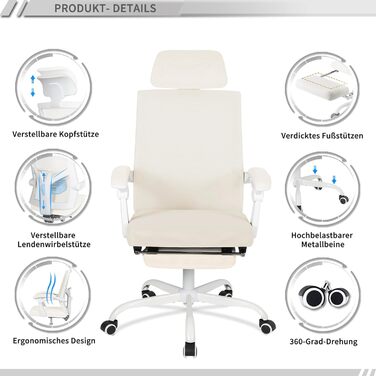 Ергономічне офісне крісло UEV з сітки, стілець для роботи з підставкою для ніг, обертове крісло з регульованим підголівником та поперековою опорою, регулювання висоти та нахилу до 135, дихаюча тканина, бежевий колір