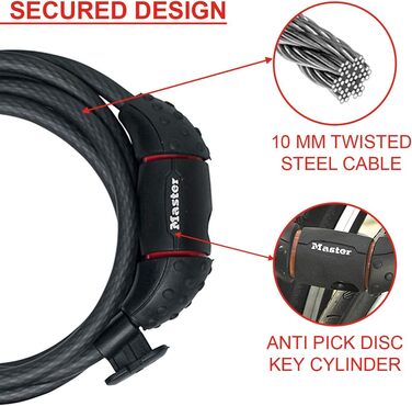 Тросовий замок для велосипеда Master Lock, ключ, сталевий трос 1,8 м, водонепроникний, з кронштейном, 8130EURDPRO - Використовуйте з усіма типами велосипедів, колясок та іншого спортивного спорядження. Чорний, 29,0 см x 14,8 см x 4,0 см.