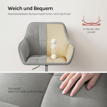 Крісло для домашнього офісу WOLTU, стілець для столу, обертове крісло, туалетний стілець, регульована висота, вантажопідйомність до 150 кг, з підлокітниками, оксамитове сидіння, для спальні, офісу, вітальні, світло-сірий BS145hgr світло-сірий оксамит