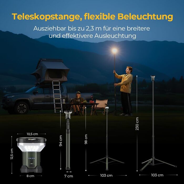 Висувний кемпінговий ліхтар BougeRV CL03 3200LM, акумуляторний кемпінговий ліхтар ємністю 8000 мАг, робочий ліхтар 2,3 м, телескопічний кемпінговий ліхтар для подорожей по бездоріжжю, для автофургонів, кемпінгу, будівельного майданчика, гаража, темно-зеле