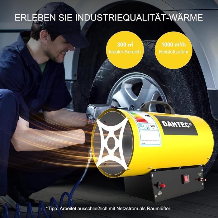Портативний газовий обігрівач 30 кВт, газовий будівельний обігрівач, потік повітря 1000 м/год, газовий/електричний вентилятор-обігрівач для будівельних майданчиків та гаражів, 30 кВт, жовтий