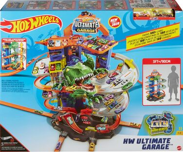 Парковка Hot Wheels вкл. 2 іграшкові машинки, з багатоповерховим автотреком, атакою T-Rex і місцем для 100 машинок, висота 90 см,