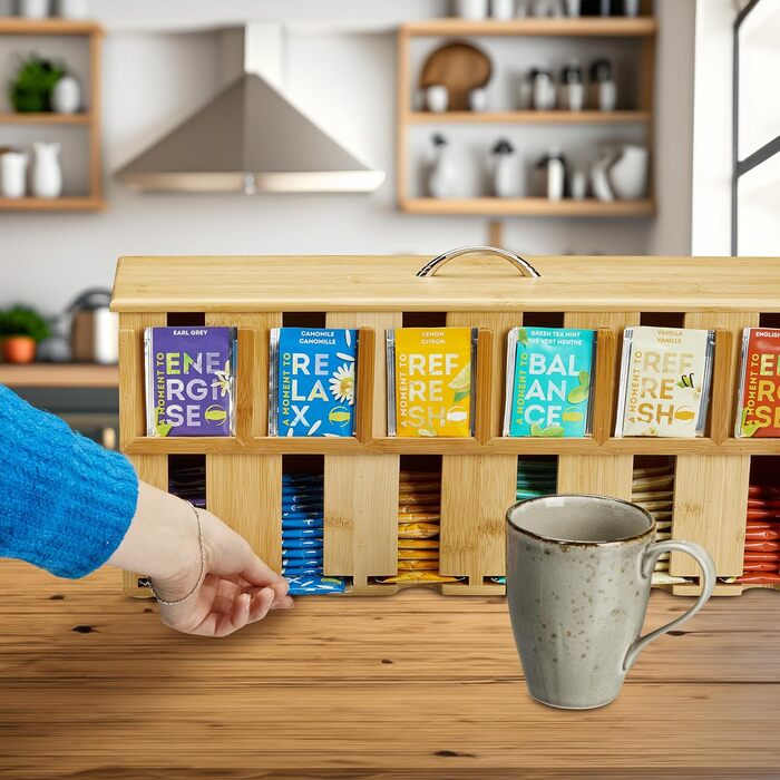 Диспенсер для чайних пакетиків Relaxdays, 6 відділень, місце для зберігання чайних пакетиків, бамбук, чайна коробка, ВxШxГ 22 x 46,5 x 10,5 см, натуральний/сріблястий