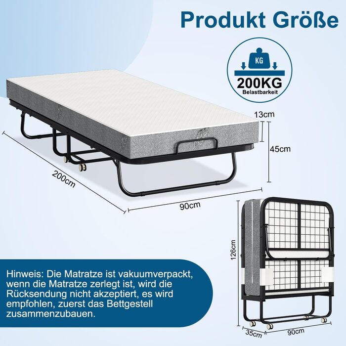 Розкладне ліжко ISOSIL 90x200 см Гостьове ліжко, розкладне з матрацом з пінопласту 13 см Гостьове ліжко, розкладне металевий каркас ліжка, розкладне ліжко на колесах, розкладне металеве ліжко, вантажопідйомність 200 кг, пилонепроникне
