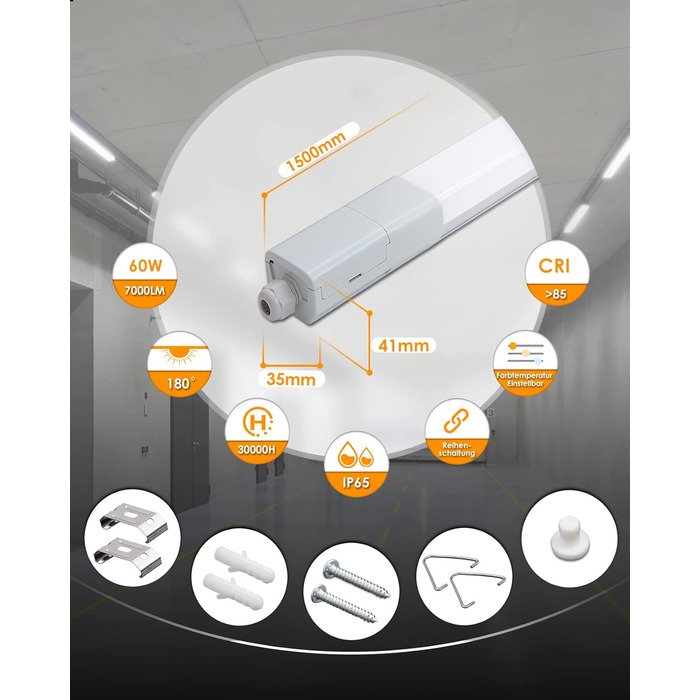 Світлодіодна лампа Allesin Damp Light 36 Вт 4300LM, холодний білий підвальний світильник серії 6500k Водонепроникна лампа для майстерні IP65 Світлодіодна трубка Освітлювальний прилад для вологого приміщення Склад (упаковка 10, 150 см)