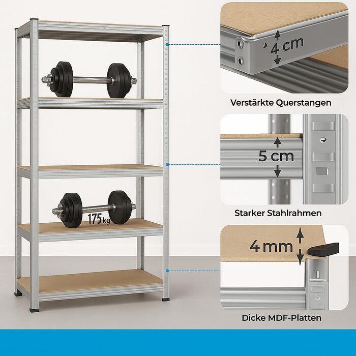 Надміцний стелаж RODO, комплект з 2 шт., підвальний стелаж, стелаж для зберігання, 40 x 90 x 180 см, стелаж зі сталевою рамою, вантажопідйомність до 875 кг кожен, 5 регульованих полиць, сріблястий