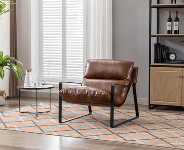 Крісло для вітальні, крісло для читання з підлокітниками, сучасне крісло для відпочинку з металевим каркасом, штучна шкіра, коричневий колір