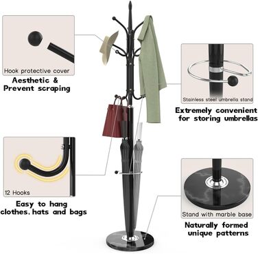 Підставка для парасольки Durmmur Металева вішалка Окремо стояча, Вішалка з основою з натурального мармуру, Вішалка з тримачем для парасольки Підставка для парасольки для вхідної зони, 9868