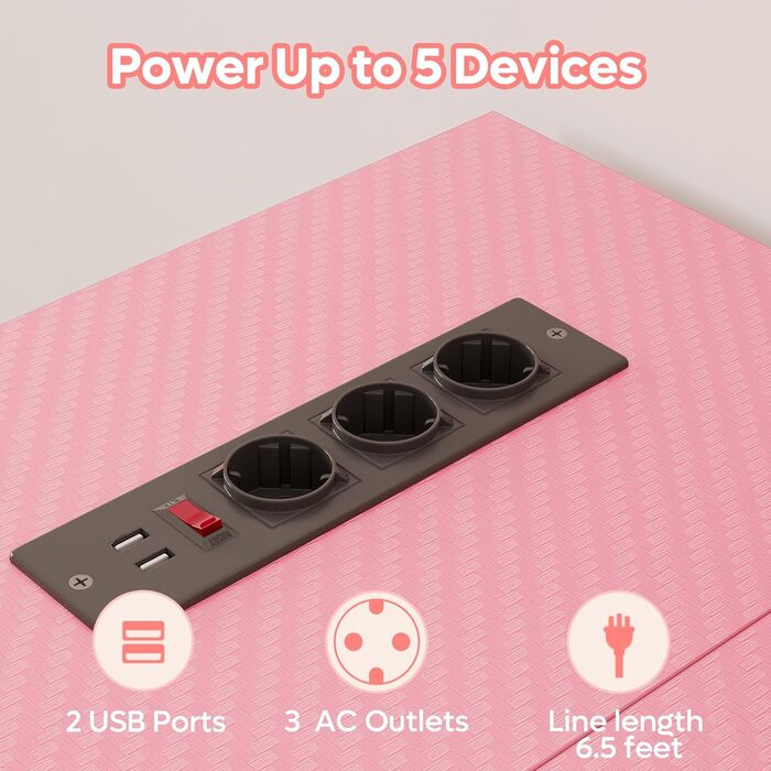 Кутовий письмовий стіл Bestier L-подібної форми з розетками та світлодіодним освітленням, двосторонній комп&39ютерний стіл з полицями та гачками, компактний стіл для домашнього офісу (3D рожеве вуглецеве волокно, 106 см) 106 см рожевий