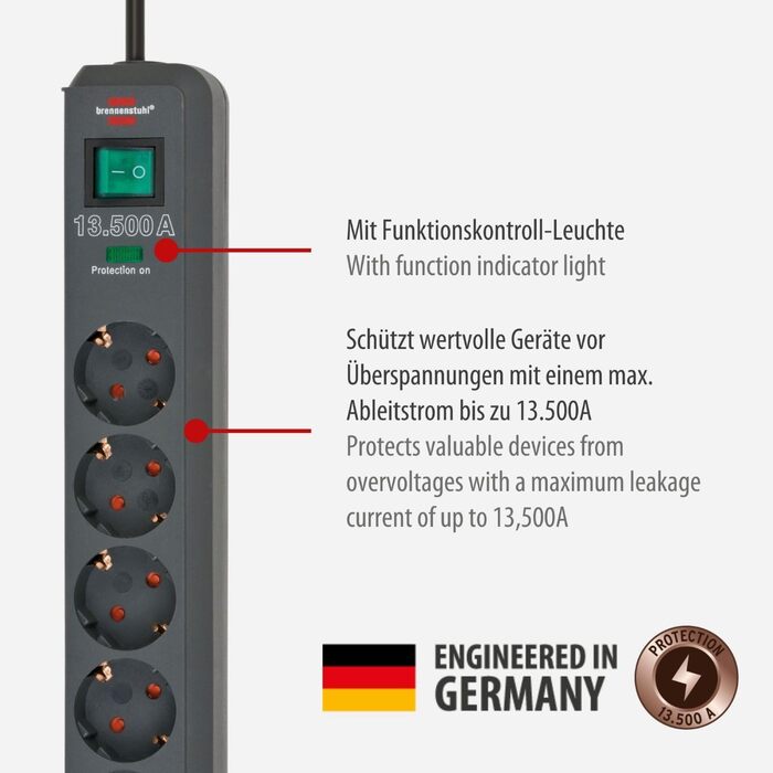 Подовжувач Brennenstuhl на 6 розеток із захистом від перенапруги та кабелем 1,5 м (багаторозеткова розетка Eco-Line з вимикачем і