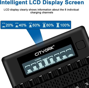 Зарядний пристрій CITYORK з 8 батарейками типу AA ємністю 3000 мАг та 8 батарейками типу AAA ємністю 1100 мАг, для акумуляторних батарей типу AA, AAA Ni-MH/Ni-CD, комплект зарядних пристроїв з 8 слотами та РК-дисплеєм