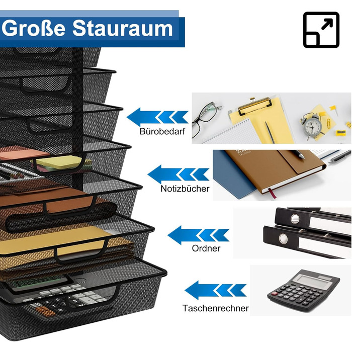 Коробка PUNCIA з шухлядами та 10 шухлядами, лоток для листів A4, лоток для документів з шухлядами, відділення для зберігання, металевий сортувальник паперу, органайзер для документів та паперу, офісний/стіл, чорний, 40,5 x 31,5 x 55 см