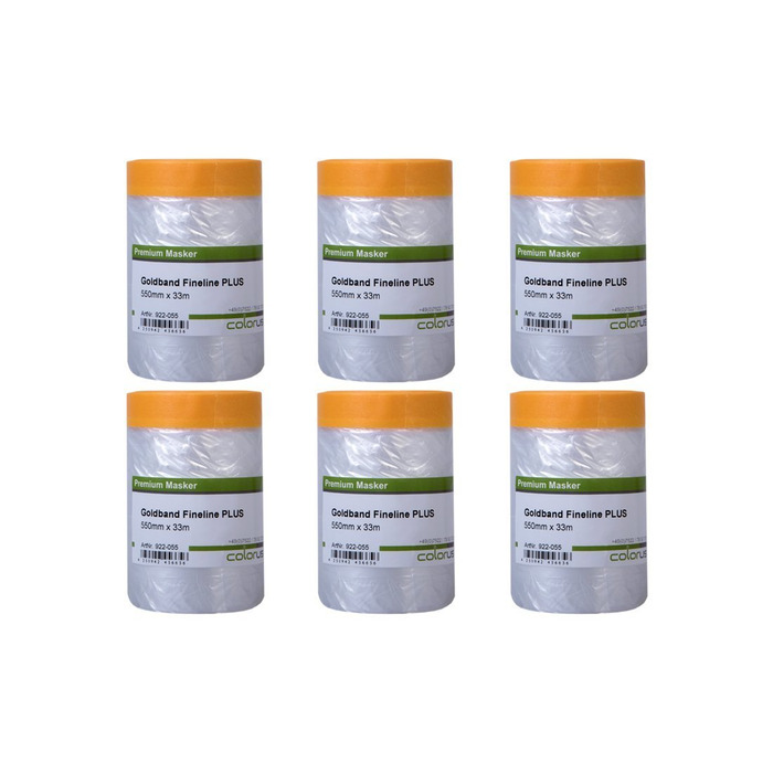 Малярська стрічка Colorus 6 x з захисною плівкою PLUS Goldband Fineline 55 см x 33 м Стійка до ультрафіолету 60 днів, для використання всередині та зовні приміщень Самоклеюча малярська плівка Малярська стрічка з захисною плівкою 6 x 55 см x 3300 см