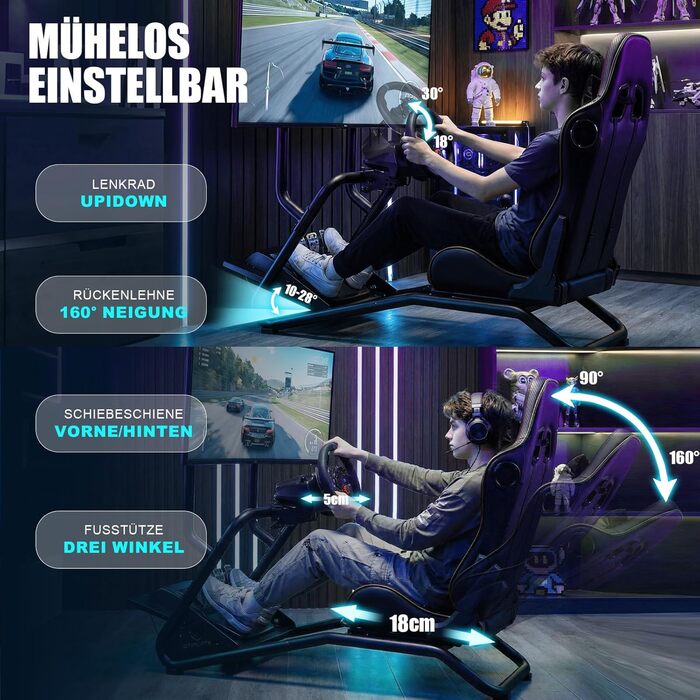 Кабіна симулятора GTPLAYER, підставка для керма для гоночного симулятора з 3D-стереодинаміками, кріпленням для монітора, регульованим кріпленням для керма, кріпленням для перемикання передач та педалями (чорна)