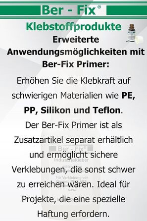 Промисловий клей преміум-класу Ber-Fix 10 г середньої в'язкості надзвичайно міцний і універсальний, ідеально підходить для точного нанесення на пластик, метал, дерево, ПВХ, гуму, шкіру, кераміку, включаючи 3 тонкі наконечники для дозування 10 г з тонкими