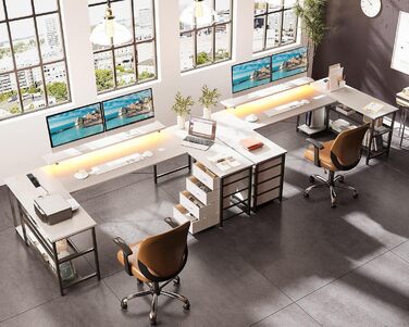 Кутовий стіл ODK з 4 шухлядами та місцем для зберігання, двосторонній кутовий стіл 167102 см з 2 розетками та 2 портами зарядки USB, ігровий стіл зі світлодіодним освітленням та підставкою для монітора для домашнього офісу, білий