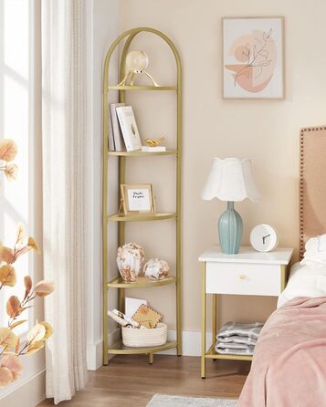 Кутова полиця VASAGLE, 5 полиць, книжкова полиця, полиця для рослин, окремостояча полиця, полиця для ванної кімнати, полиці із загартованого скла, сталева рама, сучасна, для вітальні, кухні, металеве золото LGT810A01 5 полиць (28 x 28 x 158 см) металеве з