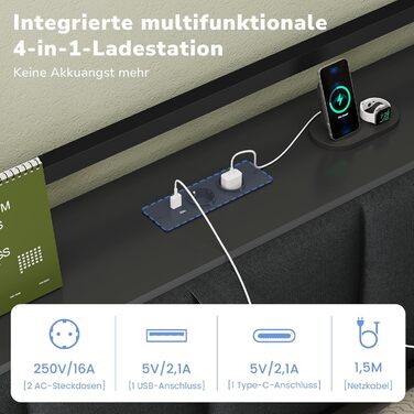 Диван-ліжко зі світлодіодним освітленням та зарядною станцією (2 розетки змінного струму 2 USB-порти), дитяче ліжко 90x200 см з 6 шухлядами, кушетка 90x200 см, м&39яка спинка з прихованим місцем для зберігання речей