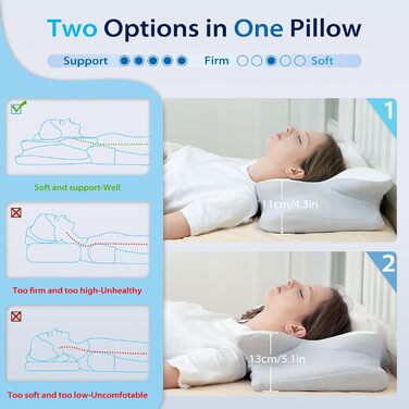 Подушка для шиї HOMCA, ергономічна подушка з піни з ефектом пам&39яті, 3D охолоджувальна наволочка для сну на спині, боці або животі, 62 x 41 x 11/13 см сірого кольору