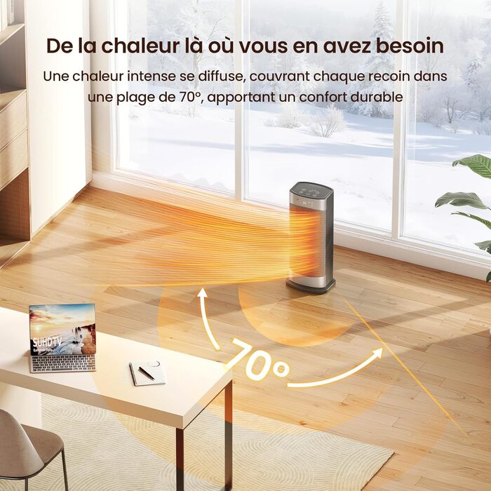 Енергозберігаючий електричний вентилятор-обігрівач, 1500 Вт з термостатом, коливальний електричний нагрівальний елемент 70, керамічний нагрівач PTC, тиха робота, режим ECO, 24-годинний таймер, захист від перегріву та перекидання, 41 см, сріблястий