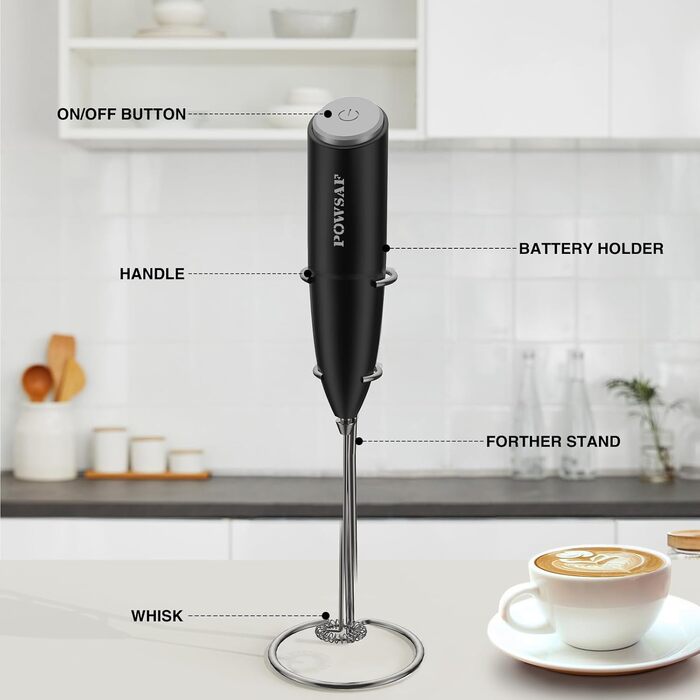 Піноутворювач для молока POWSAF, електричний піноутворювач для молока з підставкою, паличка для піноутворення молока, 13000 об/хв,