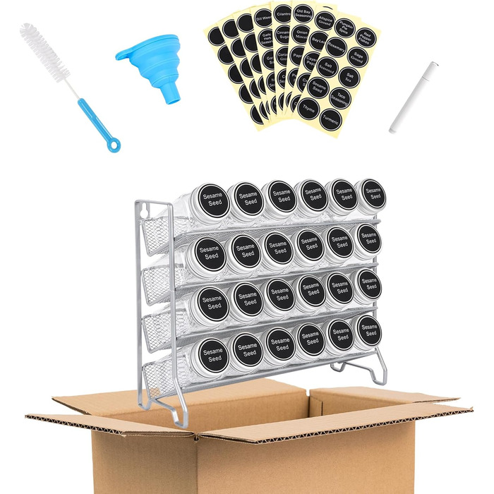 Стійка для спецій, металева кухонна полиця, вміщує багато банок для спецій, органайзер для спецій для кухонної шафи, 24 пластикові банки для спецій, 80 етикеток, лійка та крейдяний маркер (сріблясто-сірий), 4T