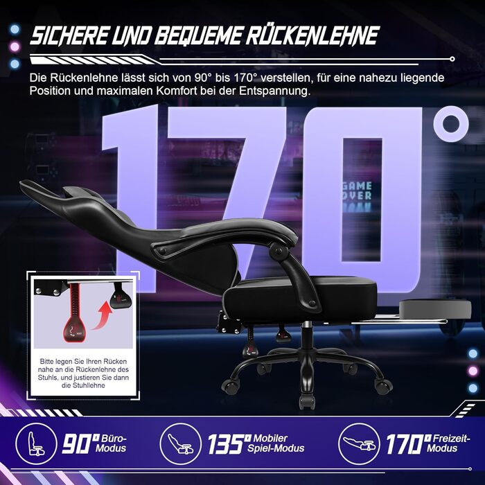 Ергономічне ігрове крісло з підставкою для ніг, ігрове офісне крісло з вантажопідйомністю 150 кг, ігрове крісло зі штучної шкіри, регульоване по висоті ігрове крісло для підлітків та дорослих, сірий колір