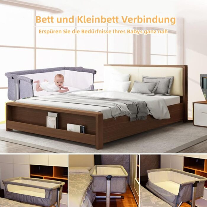 Дитяче ліжечко homewell Baby Bed Crib, дитяче ліжко та колиска 2 в 1, пружинне ліжко Baby Box, дитяче ліжко з колесами, москітна сітка, сумка для зберігання та матрац, регульована висота (модель 1 сірого кольору)