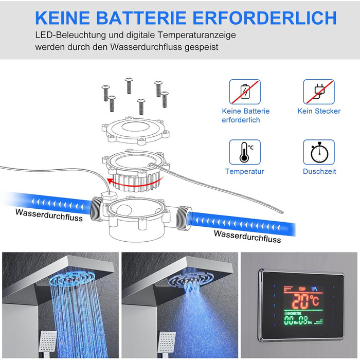 Душова панель зі світлодіодним підсвічуванням, без батареї, душова панель KEOKBON 5 в 1 з дисплеєм часу та температури з нержавіючої сталі Душова система з туманним та тропічним душем 6 масажних душів Ручний душ Вхід у ванну