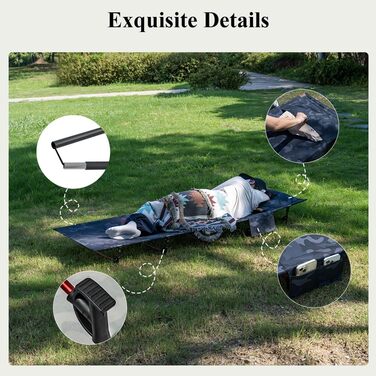 Надлегке розкладне похідне ліжко 190x70 см з алюмінію, компактне кемпінгове ліжко, легке в установці, міцне кемпінгове ліжко для наметів, походів на свіжому повітрі, подорожей, пляжу - камуфляжно-чорне