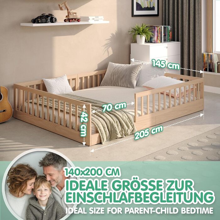 Дитяче ліжко CADANI Timi 140x200 см, підлогове ліжко, знімні захисні поручні, вантажопідйомність до 200 кг, висувна рейкова основа, ліжко Монтессорі з масиву сосни, 3 варіанти складання, трансформоване, натуральний колір 140 x 200 см