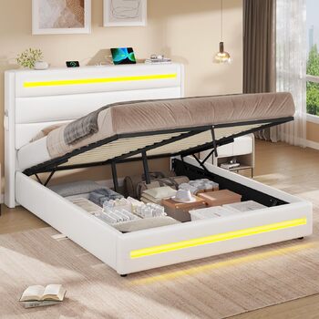 Ліжко 160x200 зі світлодіодним освітленням, Гідравлічне ліжко 160x200 см, М&39яке двоспальне ліжко, Каркас ліжка з місцем для зберігання та рейковою основою, Спальня, ПУ білий 160 x 200 Білий