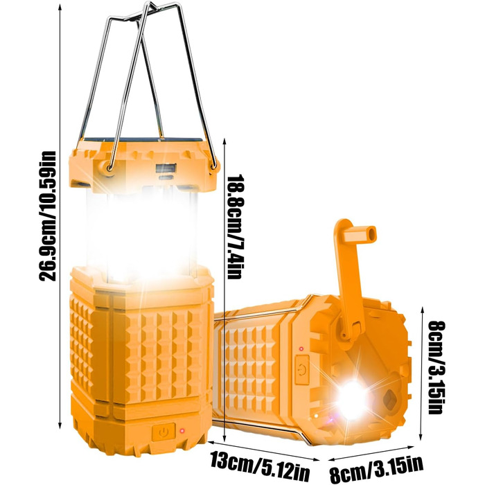 Яскраве освітлення на сонячній енергії Сонячний кемпінговий ліхтар, акумуляторний, 3000 мАг, водонепроникний портативний ліхтар для подорожей, походів, піших прогулянок, використання в автомобілі, на риболовлю, екскурсії, помаранчевий