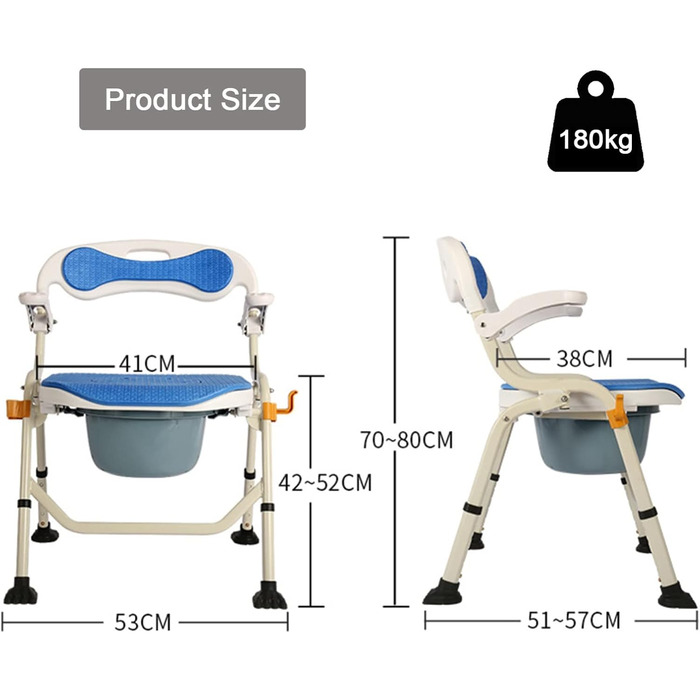 Туалетне крісло UHJKLA, регульоване по висоті, складне крісло для унітазу, нековзне крісло для душу, мобільне портативне туалетне крісло для людей похилого віку, інвалідів та людей з обмеженими можливостями