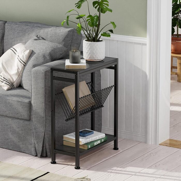 Вузький приставний столик, 3 полиці, вузька тумбочка з підставкою для журналів, приставний столик до дивана, невеликий журнальний столик для вітальні, спальні, кухні та балкону, кабінету (чорний) 1 Чорний