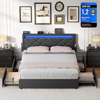 Каркас двоспального ліжка VASAGLE, Каркас ліжка, 180 x 200 см, LED, Металеве ліжко, 4 шухляди, Зарядна станція, Регульоване м&39яке узголів&39я, Темно-сірий RMB825GN02 Темно-сірий 180 x 200 см