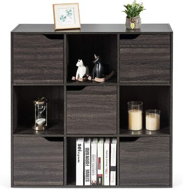 Книжкова шафа COSTWAY з 5 дверцятами та 9 відділеннями, окремостояча полиця, офісна полиця, полиця для зберігання речей для вітальні, спальні, 90 x 29 x 90 см, сірий