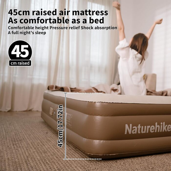 Надувний матрац Naturehike для 3 осіб, що самонадувається, з насосом на батарейках - надувне ліжко для гостей 200x180x45 см для кемпінгу та дому, легкий, зручний та швидко надувається, коричневий/3 особи/45 см