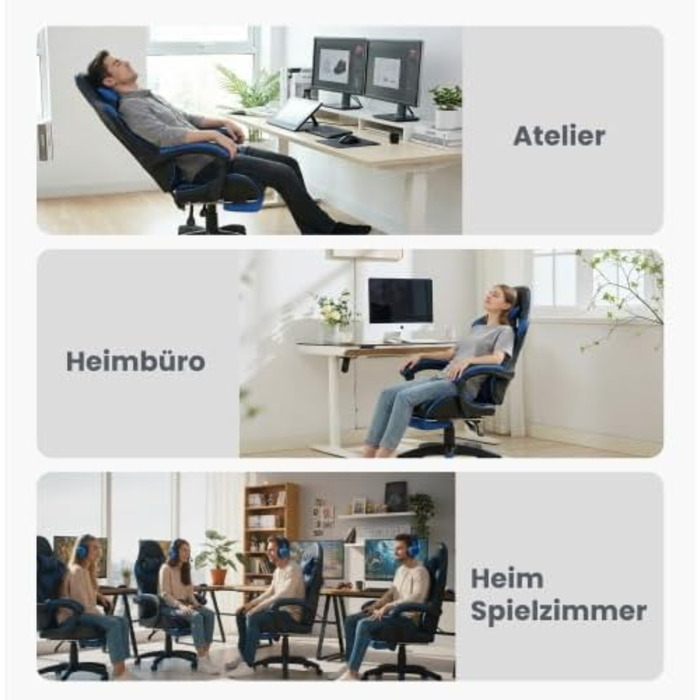 Геймерське крісло з функцією масажу та підставкою для ніг - Ергономічне офісне крісло з опорою для голови та попереку, регулювання висоти, поворот на 360, вантажопідйомність 150 кг, гоночний дизайн, чорний/синій, 116,5 x 52,0 x 64,5 см