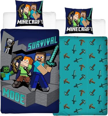 Постільна білизна 135x200 дитяча - Двосторонній комплект постільної білизни з персонажами Minecraft - 100 бавовна - 80x80 135x200