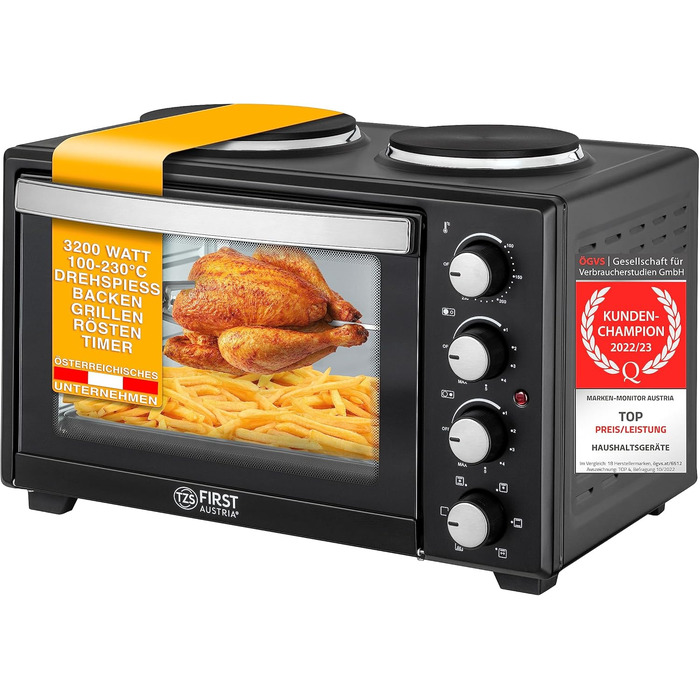 Міні-піч TZS First Austria з конфорками Ємність 30 л 3200 Вт, конвекція, макс. 230C Підходить для кемпінгу, гуртожитків та невеликих кухонь
