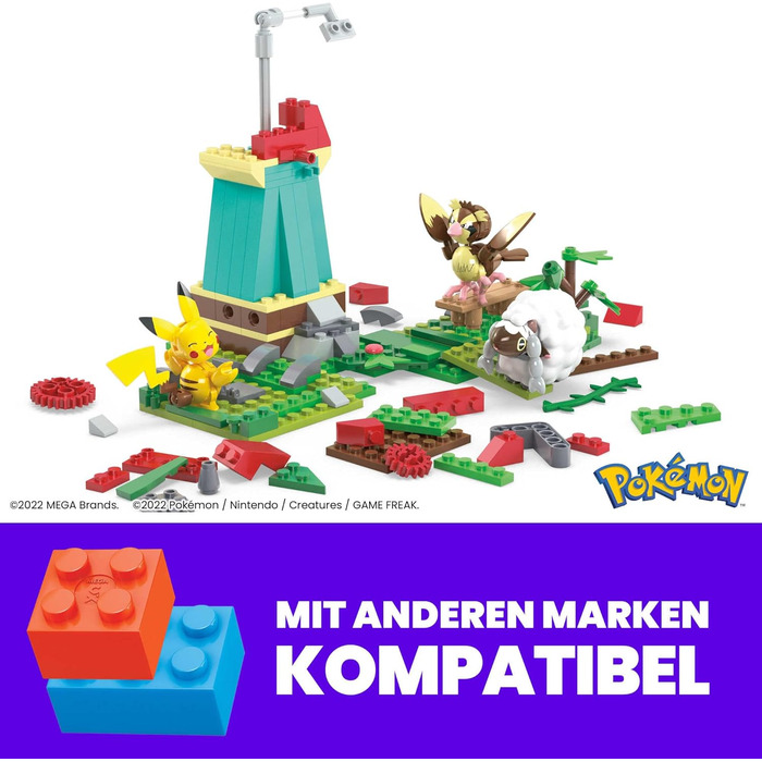 Конструктор Mega Pokmon фігурки, вітряна ферма, 240 деталей, з фігурками Пікачу, Таубсі і Воллі та рухомим каменем, іграшка Покемо